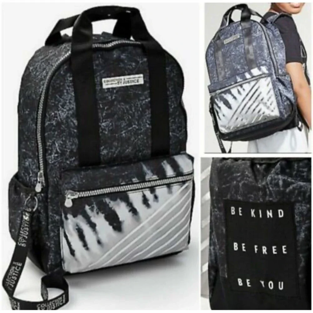 Justice Backpack Set Collect X  3Pc Tie Dye Bl n Wt Silver lunch box bottle NWOT